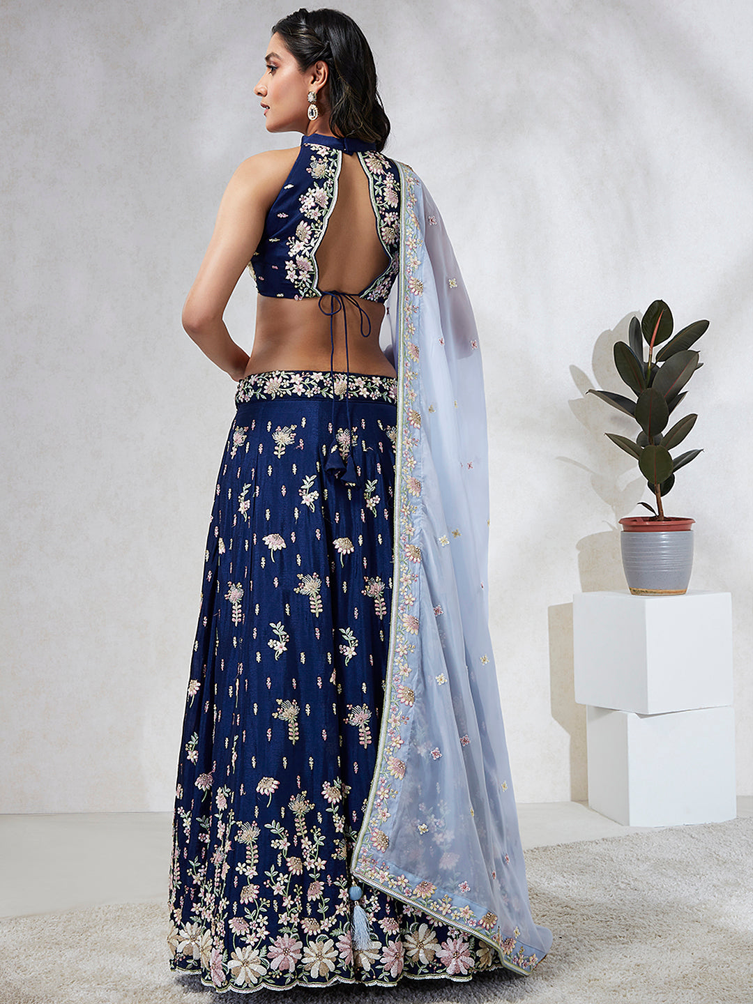 House of Panchhi Navy Blue Pure Georgette Sequins And Thread Embroidery Lehenga Choli & Dupatta | Swadesiicart