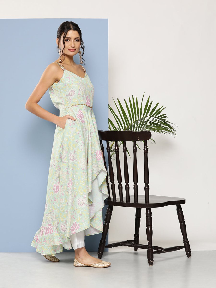 Ahalyaa Women Sea Green Floral Printed Empire Gotta Patti Kurta with Trousers | Swadesiicart