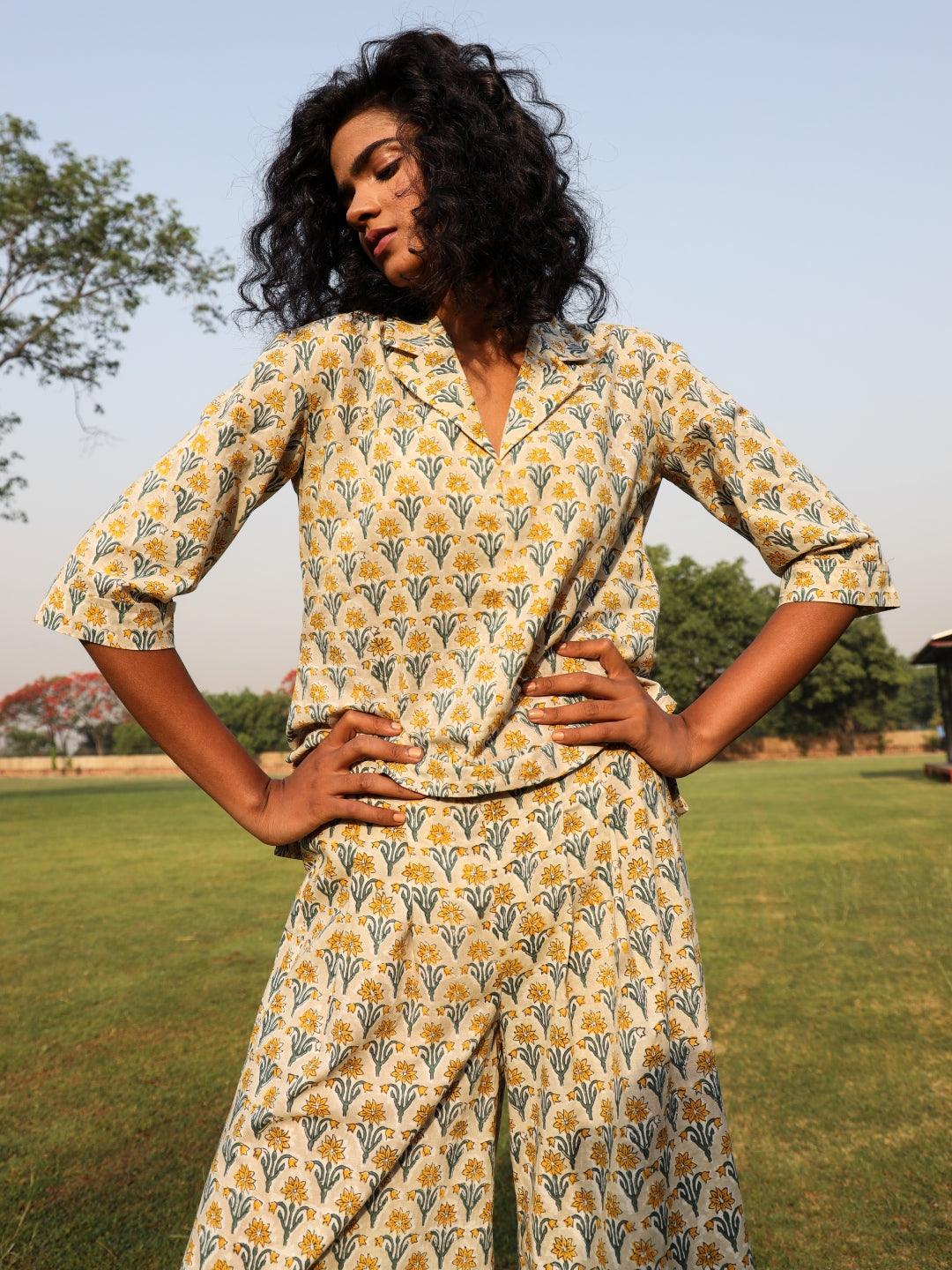 trueBrowns Light Sage Cotton Block Print Lapel Shirt Co-Ord Set - Swadesiicart