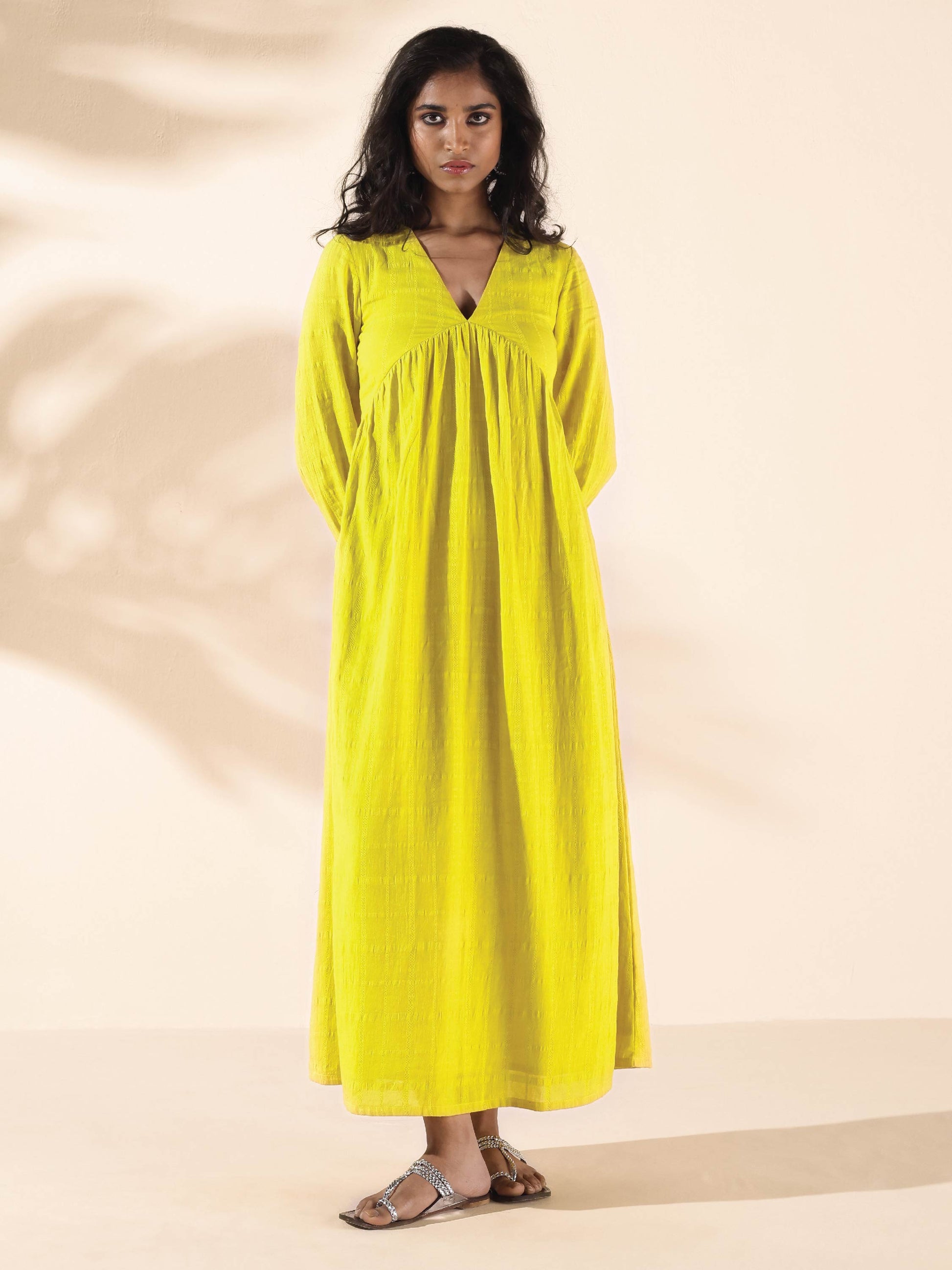 trueBrowns Lime Cotton Dobby Flared Dress | Swadesiicart