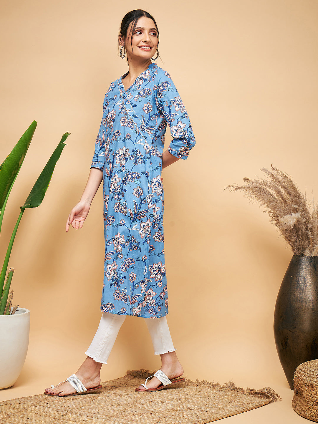 InWeave Women's Skyblue Pink Floral Angrakha Straight Kurta - Swadesiicart