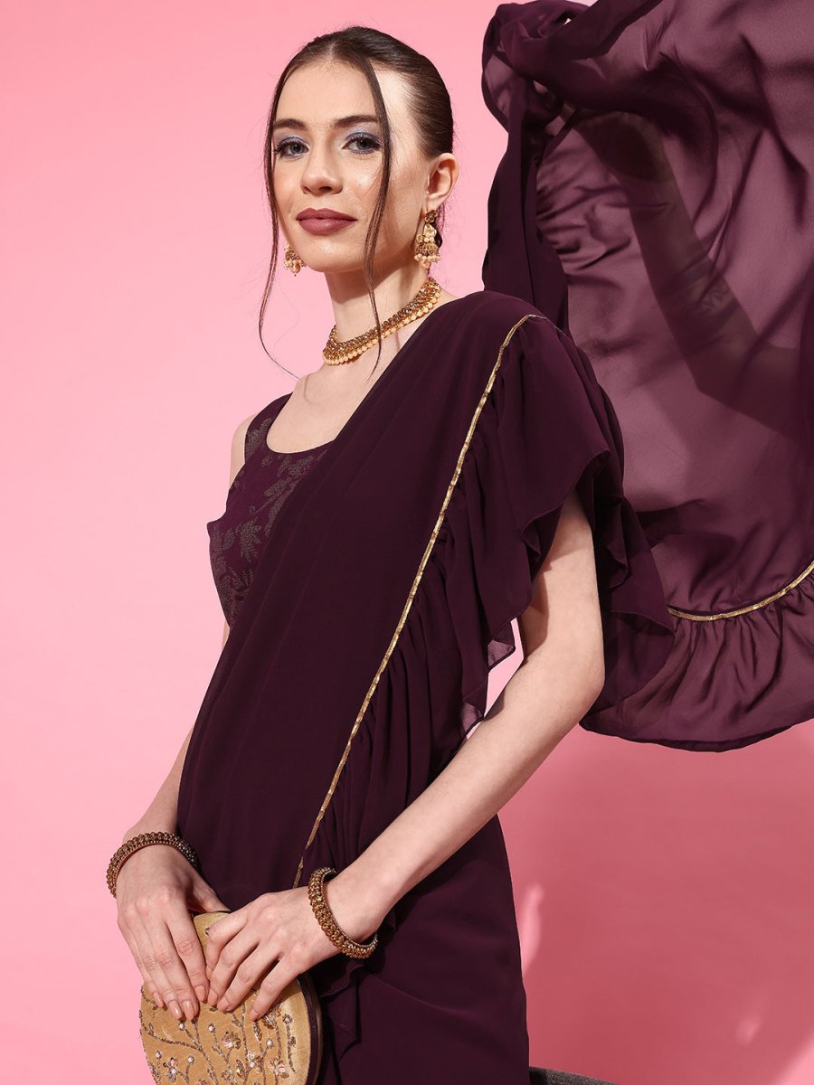 Ahalyaa Ruffled Poly Georgette Saree | Swadesiicart