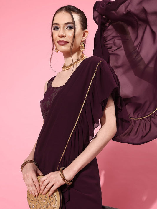 Ahalyaa Ruffled Poly Georgette Saree | Swadesiicart