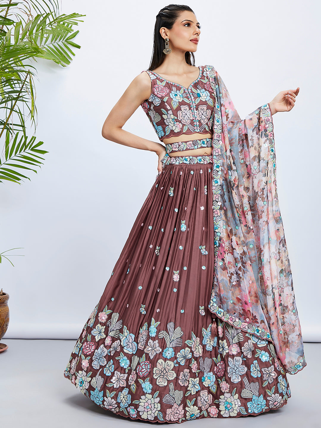 House of Panchhi Rose Gold Pure Georgette Sequins And Thread Embroidery Lehenga Choli & Dupatta | Swadesiicart