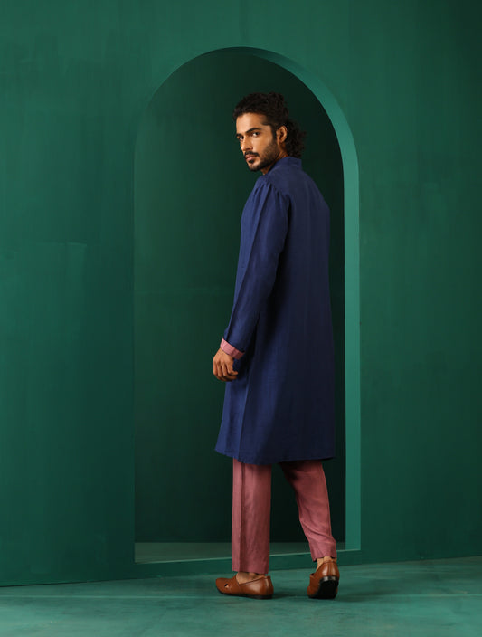 trueBrowns Men's Blue Silk Long Kurta | Swadesiicart