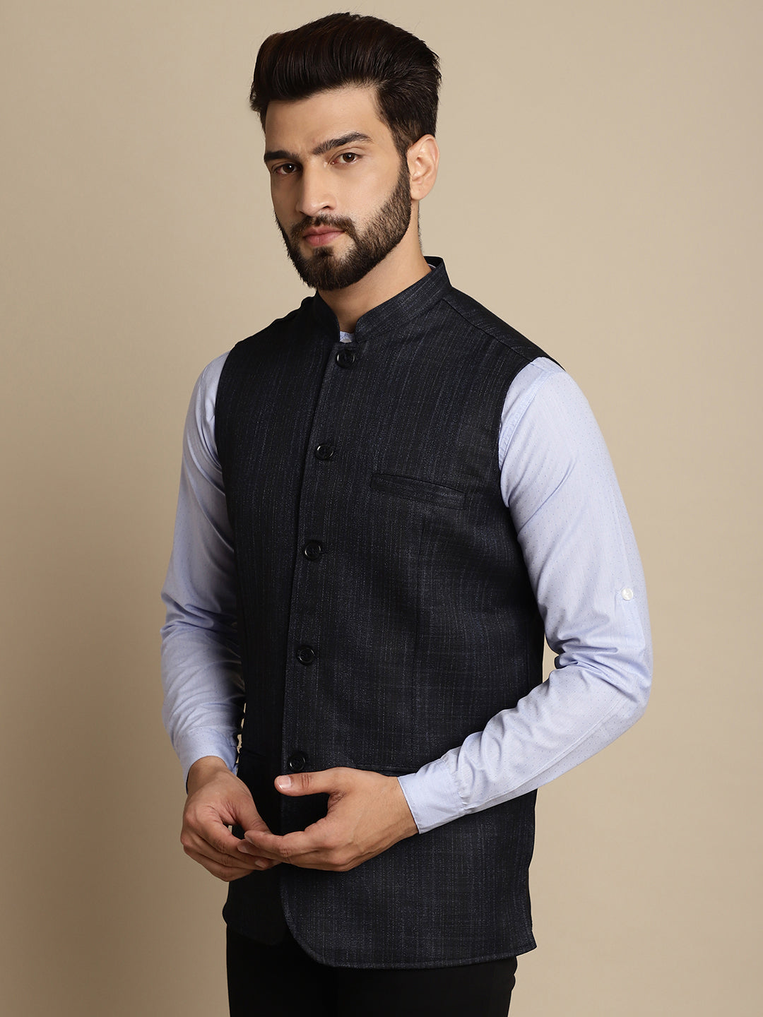 Even Apparels Men's Blue Mandarin Collar Waistcoat | Swadesiicart