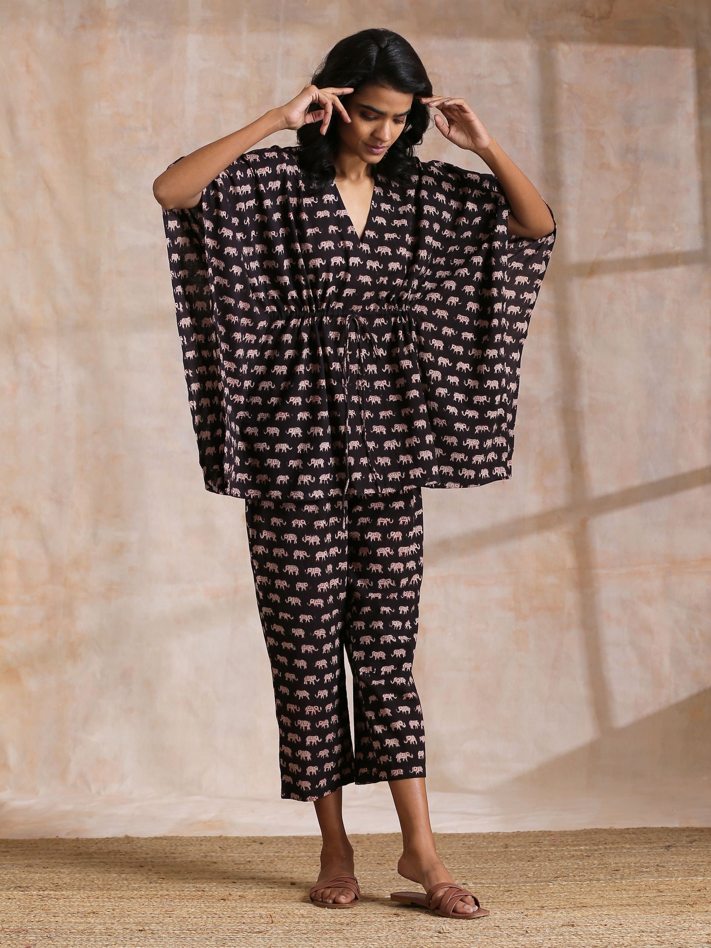 trueBrowns Black Elephant Bagru Print Cotton Kaftan Co-Ord Set - Swadesiicart