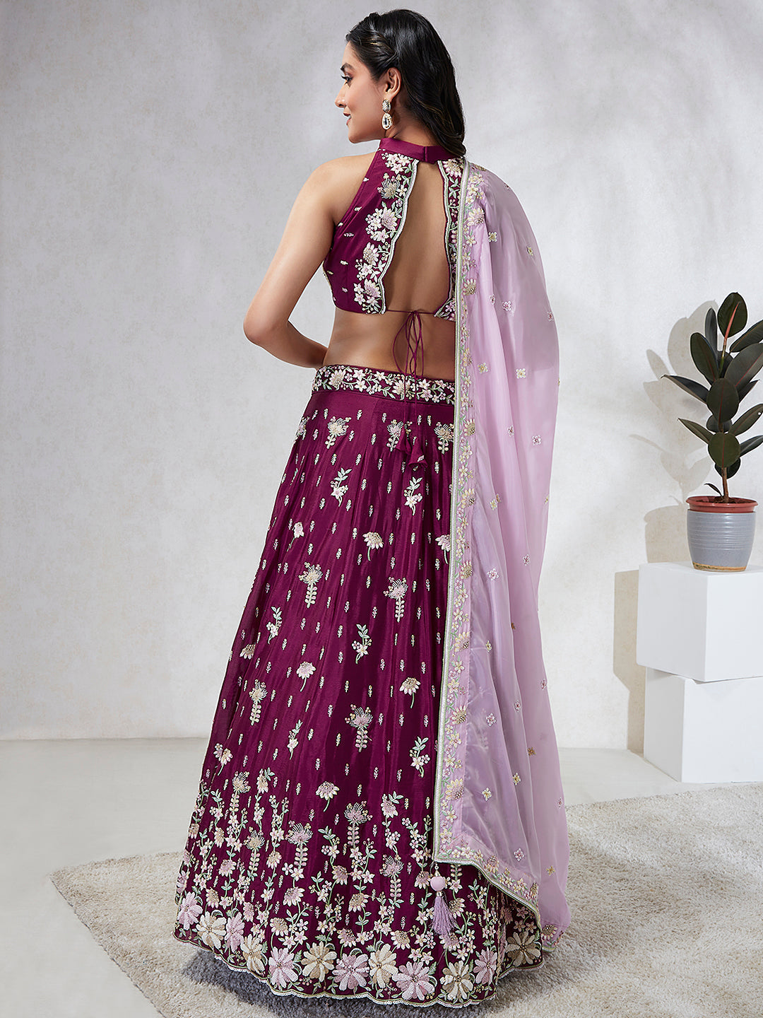 House of Panchhi Burgundy Pure Georgette Sequins And Thread Embroidery Lehenga Choli & Dupatta | Swadesiicart