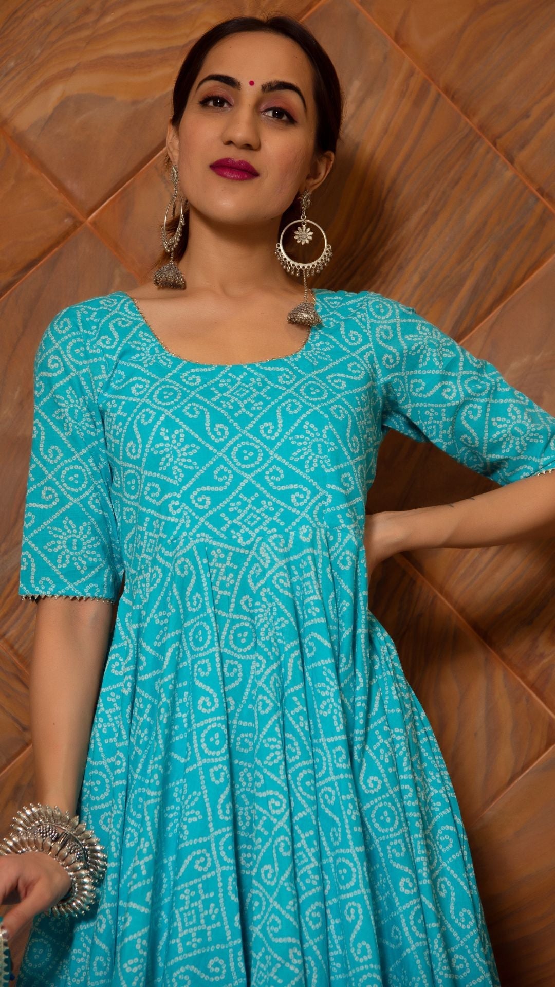 Pomcha Jaipur Bandhej Blue Cotton Anarkali Set | Swadesiicart