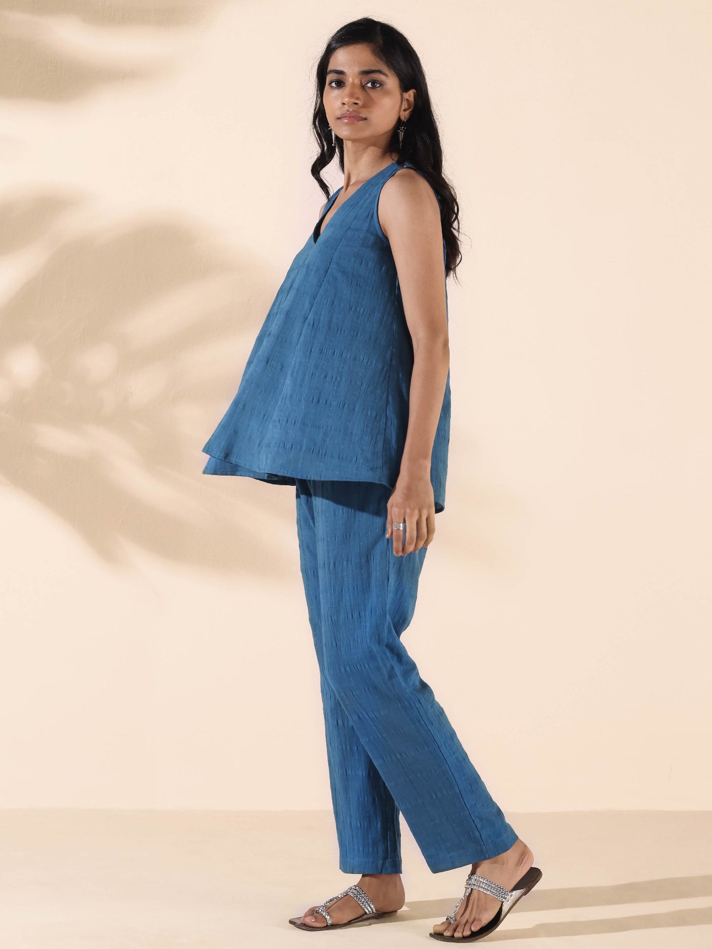 trueBrowns Blue Cotton Dobby Flared Co-ord Set - Swadesiicart