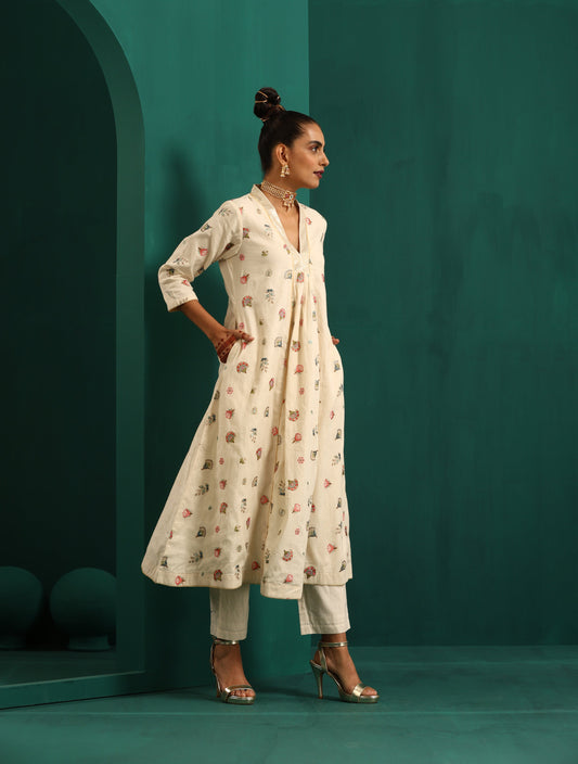 trueBrowns Ivory Multi Color Floral Cotton Front Gathered Kurta Pant Set | Swadesiicart