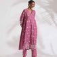 trueBrowns Pink Cotton Floral Embroidered Flared Kurta Set | Swadesiicart