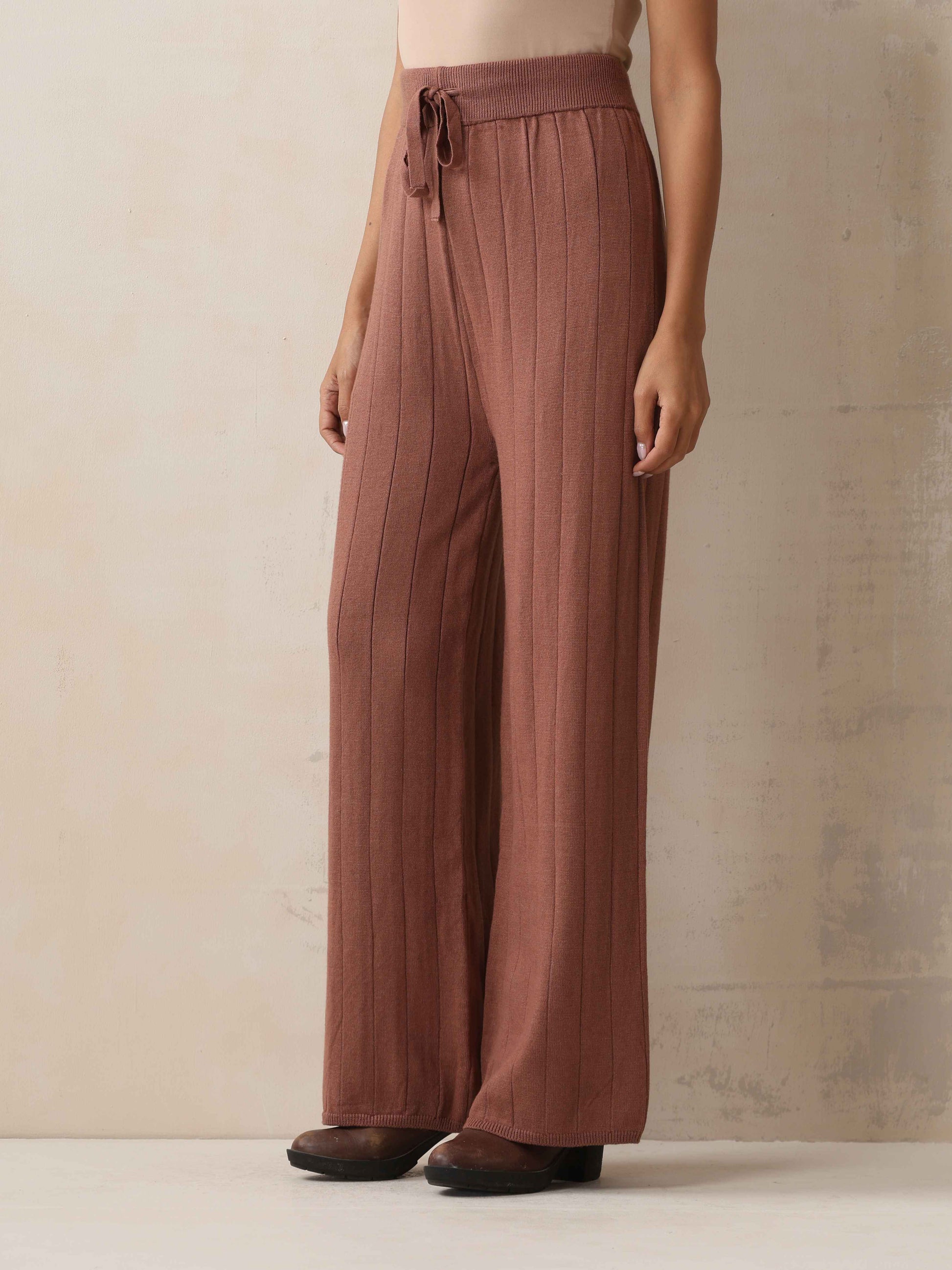 trueBrowns Peach Woollen Flared Pants | Swadesiicart