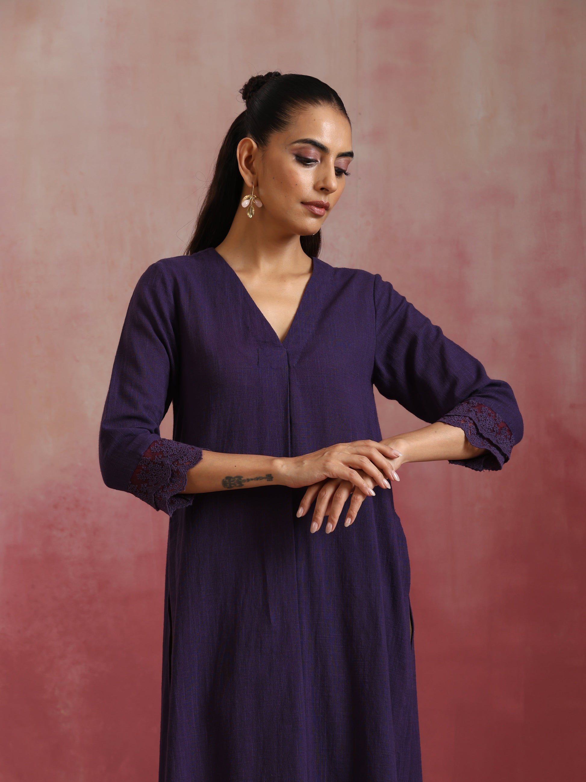 trueBrowns Purple Cotton Dobby Kurta Set | Swadesiicart