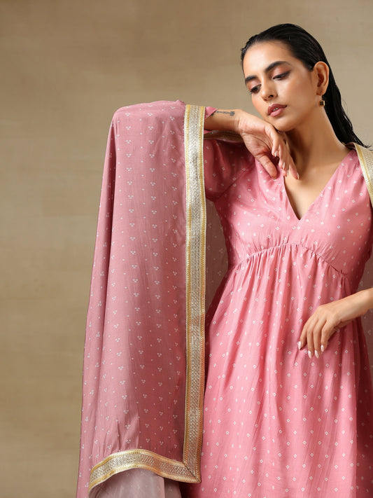 trueBrowns Light Mauve Bandhani Printed Silk Flared Kurta Pant Dupatta Set | Swadesiicart