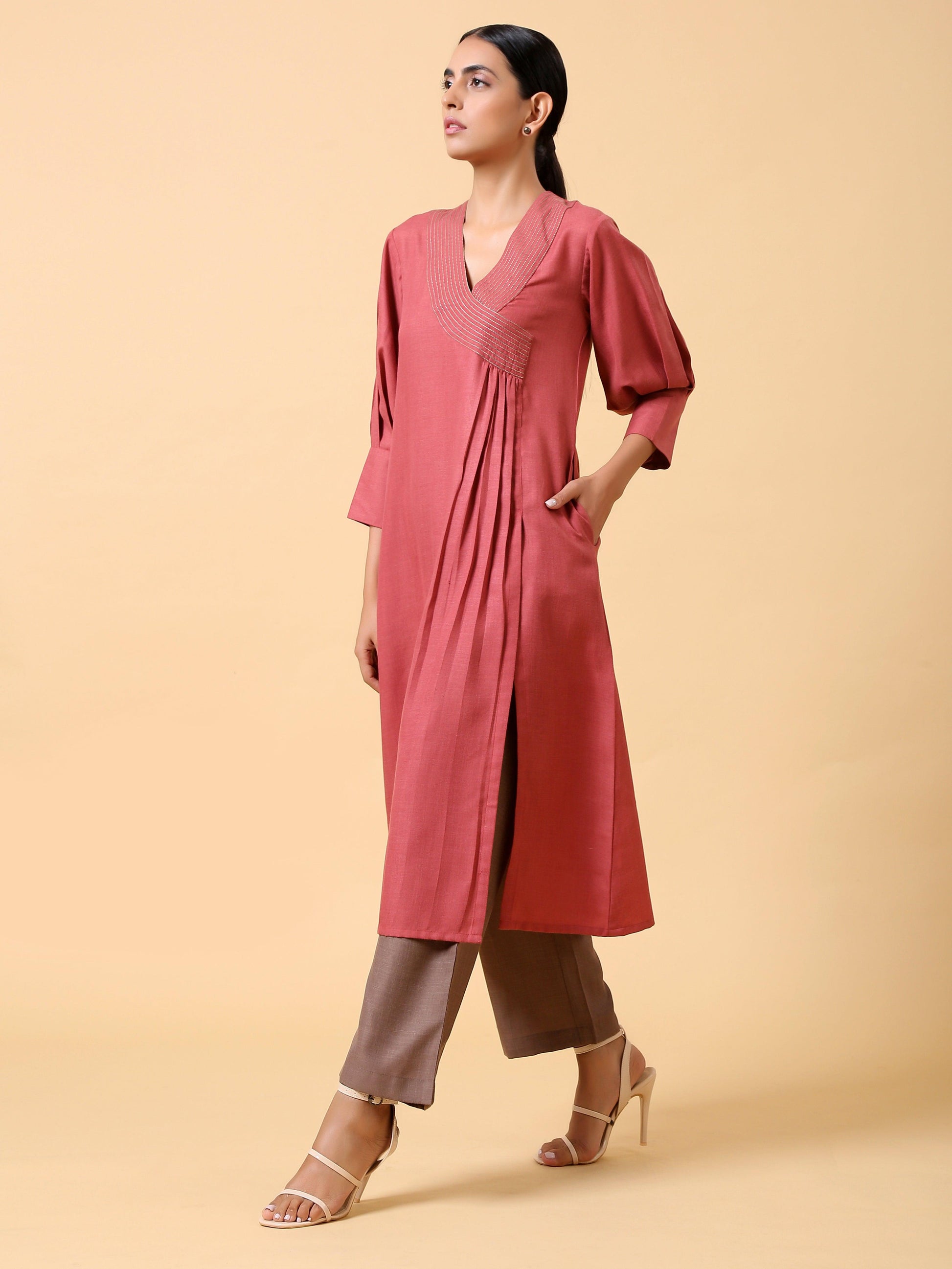 trueBrowns Cotton Linen Rust Red Kurta Pant Set | Swadesiicart