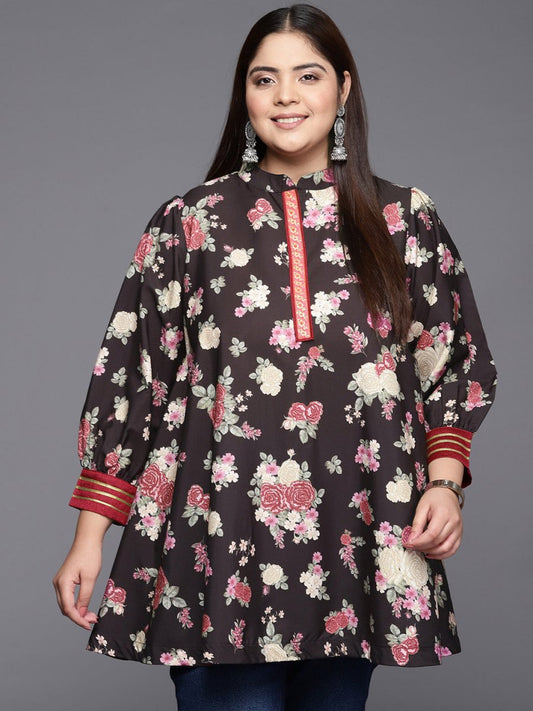 Ahalyaa Mandarin Collar Crepe Floral Printed Tunic | Swadesiicart