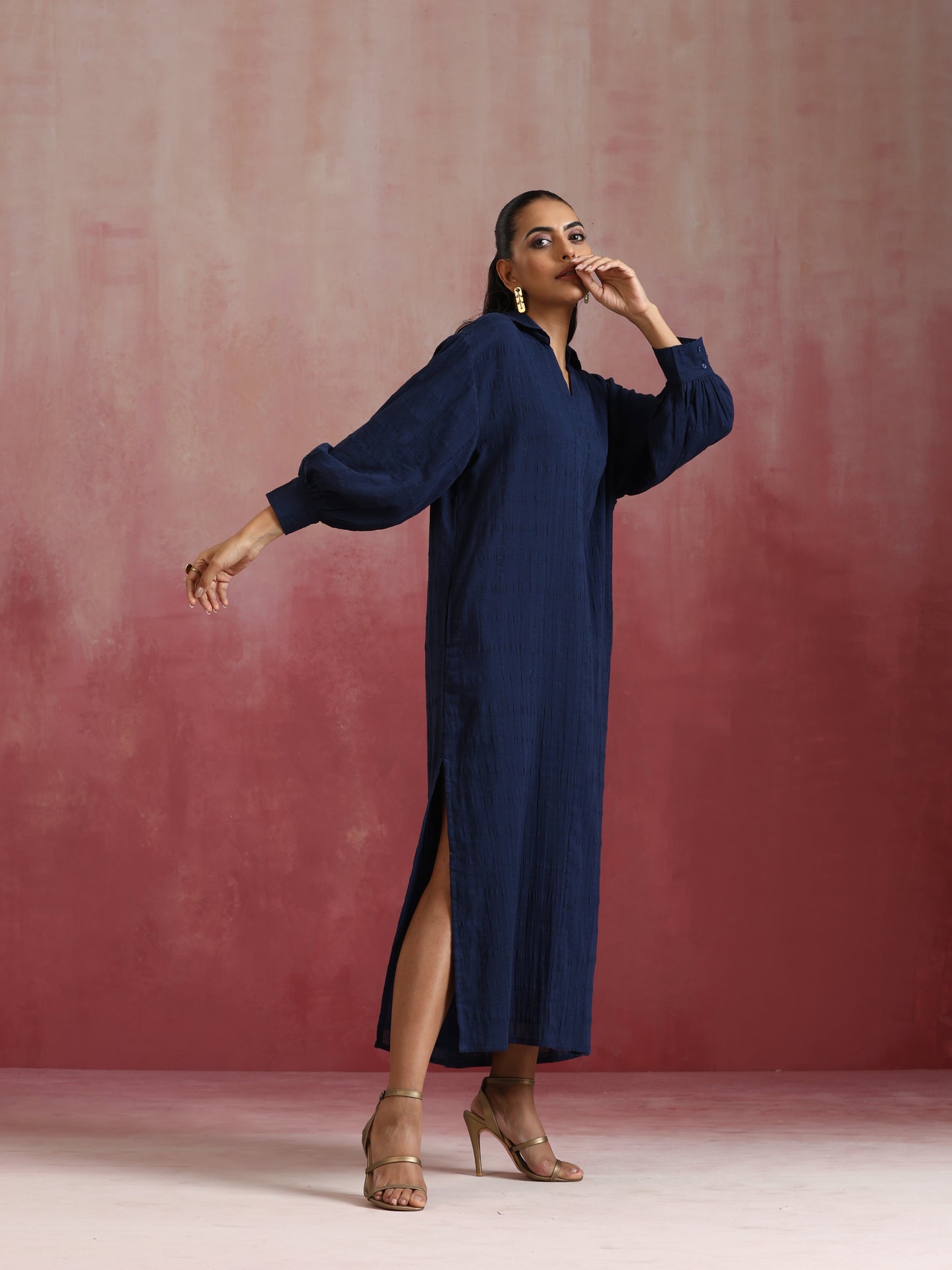 trueBrowns Dark Blue Cotton Dobby Dress | Swadesiicart