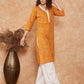 InWeave Women's Fire Yellow Print V Neck Lace Work Straight Kurta - Swadesiicart