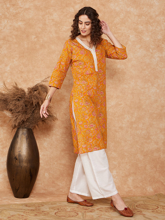 InWeave Women's Fire Yellow Print V Neck Lace Work Straight Kurta - Swadesiicart