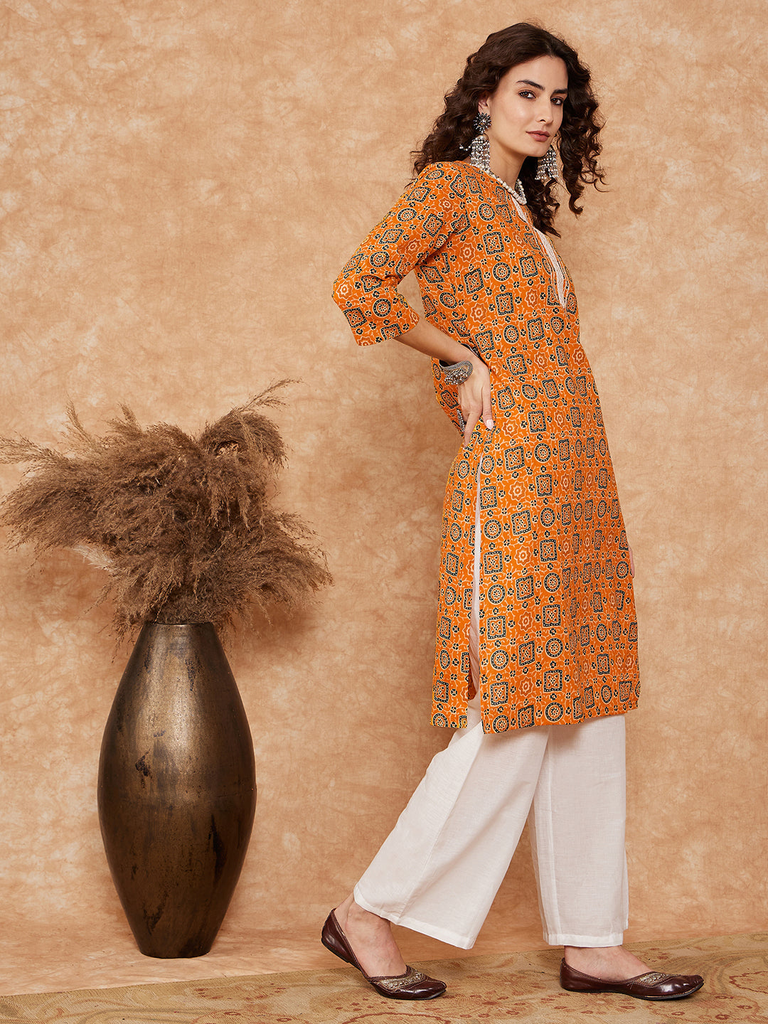InWeave Women's Mustard Ethnic Print Lace Gota Work Straight Kurta - Swadesiicart