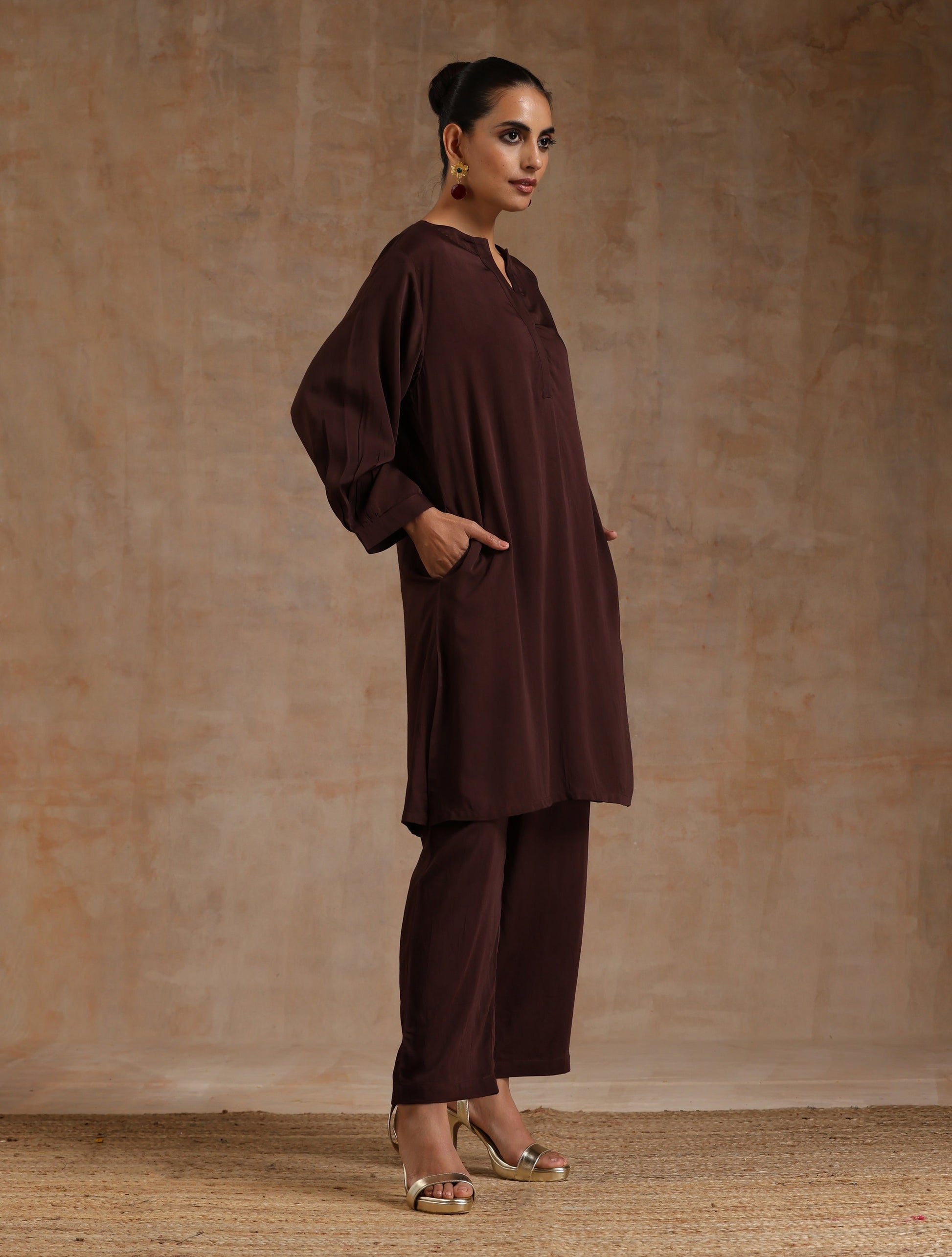 trueBrowns Cola Brown Modal Satin Relax Co-ord Set - Swadesiicart