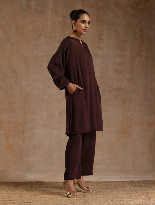 trueBrowns Cola Brown Modal Satin Relax Co-ord Set - Swadesiicart