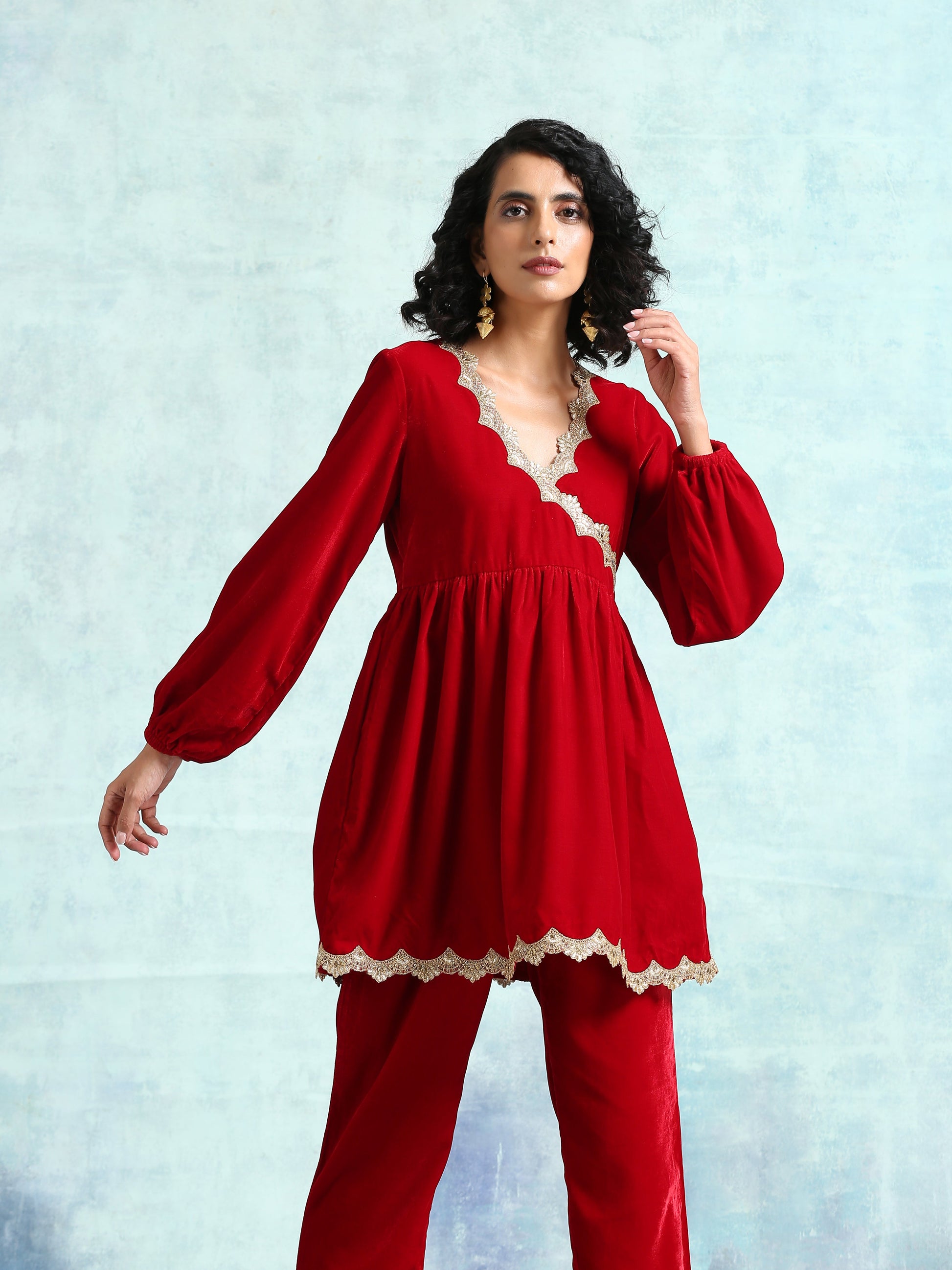 trueBrowns True Red Velvet Lace Co-Ord Set - Swadesiicart