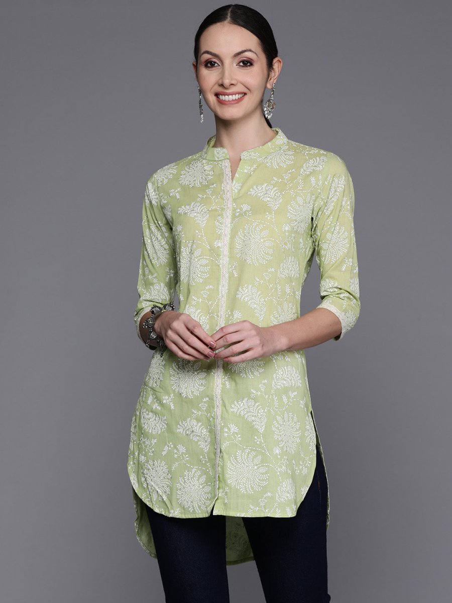 Ahalyaa Mandarin Collar Floral Printed Tunic with Lace Inserts Detail | Swadesiicart