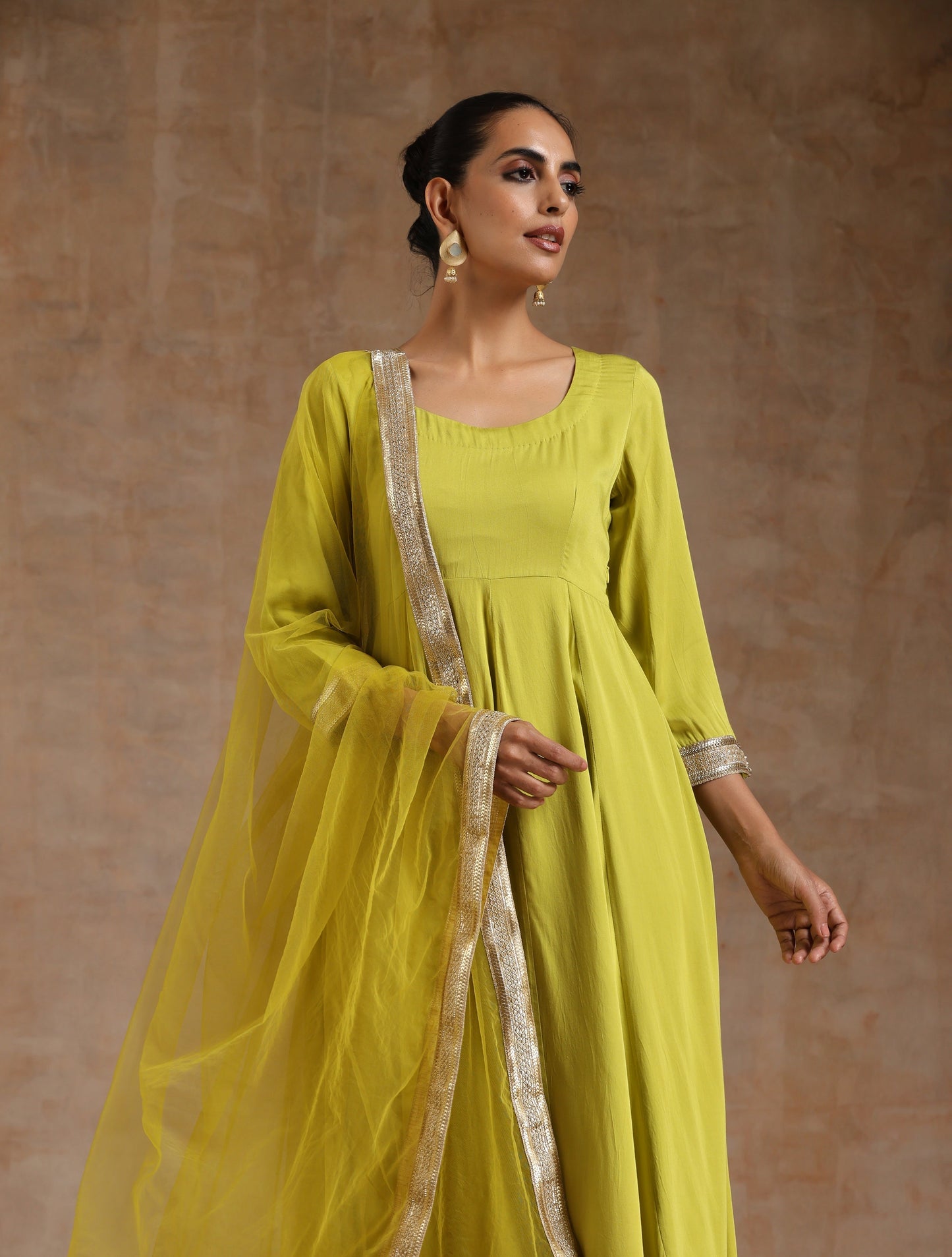 trueBrowns Lime Modal Satin Anarkali Set | Swadesiicart