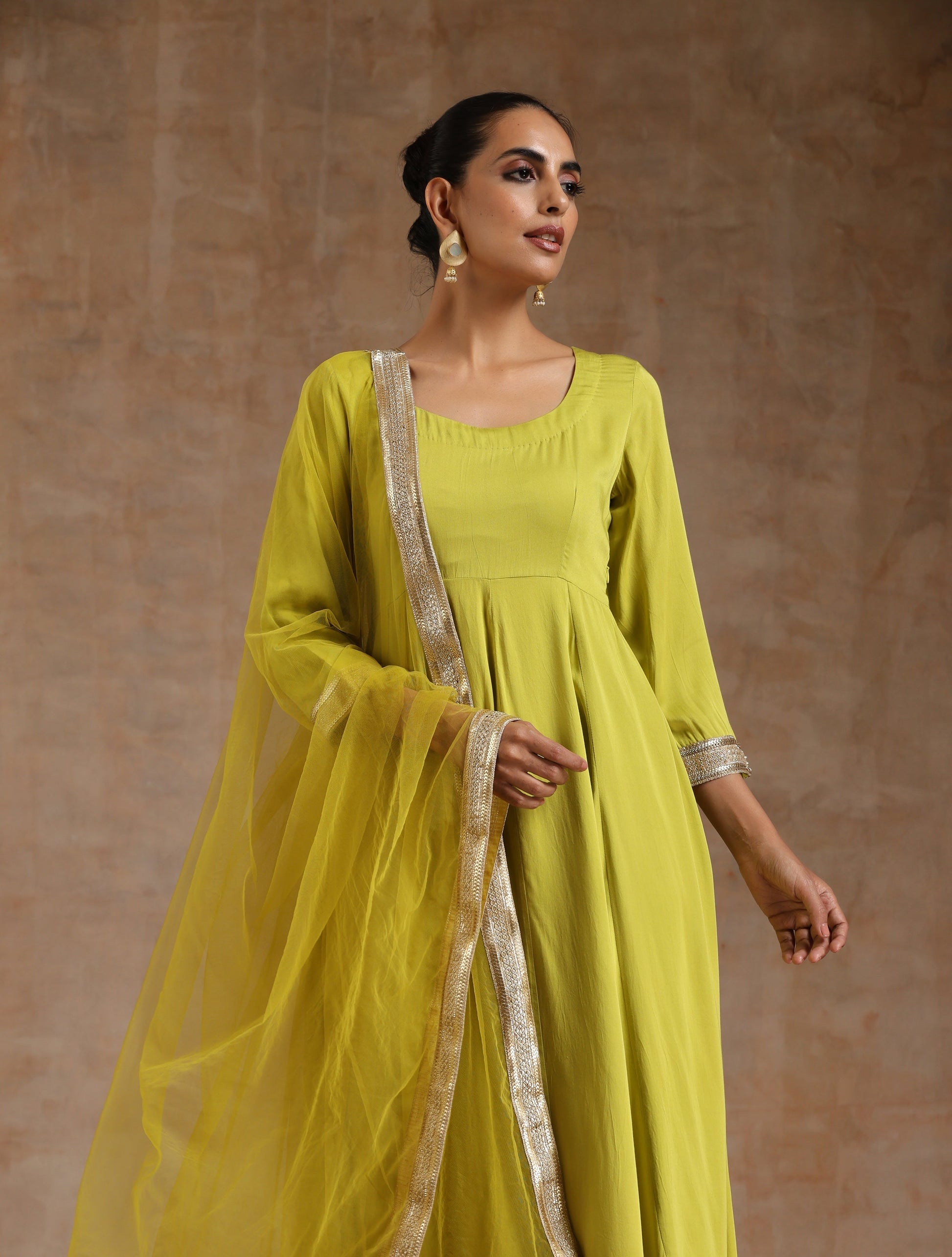 trueBrowns Lime Modal Satin Anarkali Set | Swadesiicart