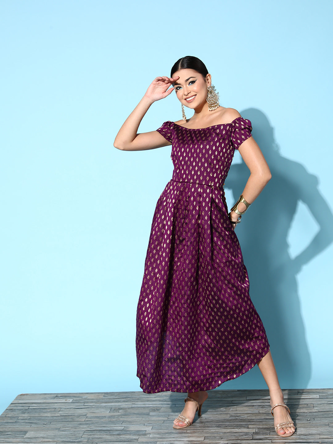 InWeave Women's Wine Brocade Dress - Swadesiicart