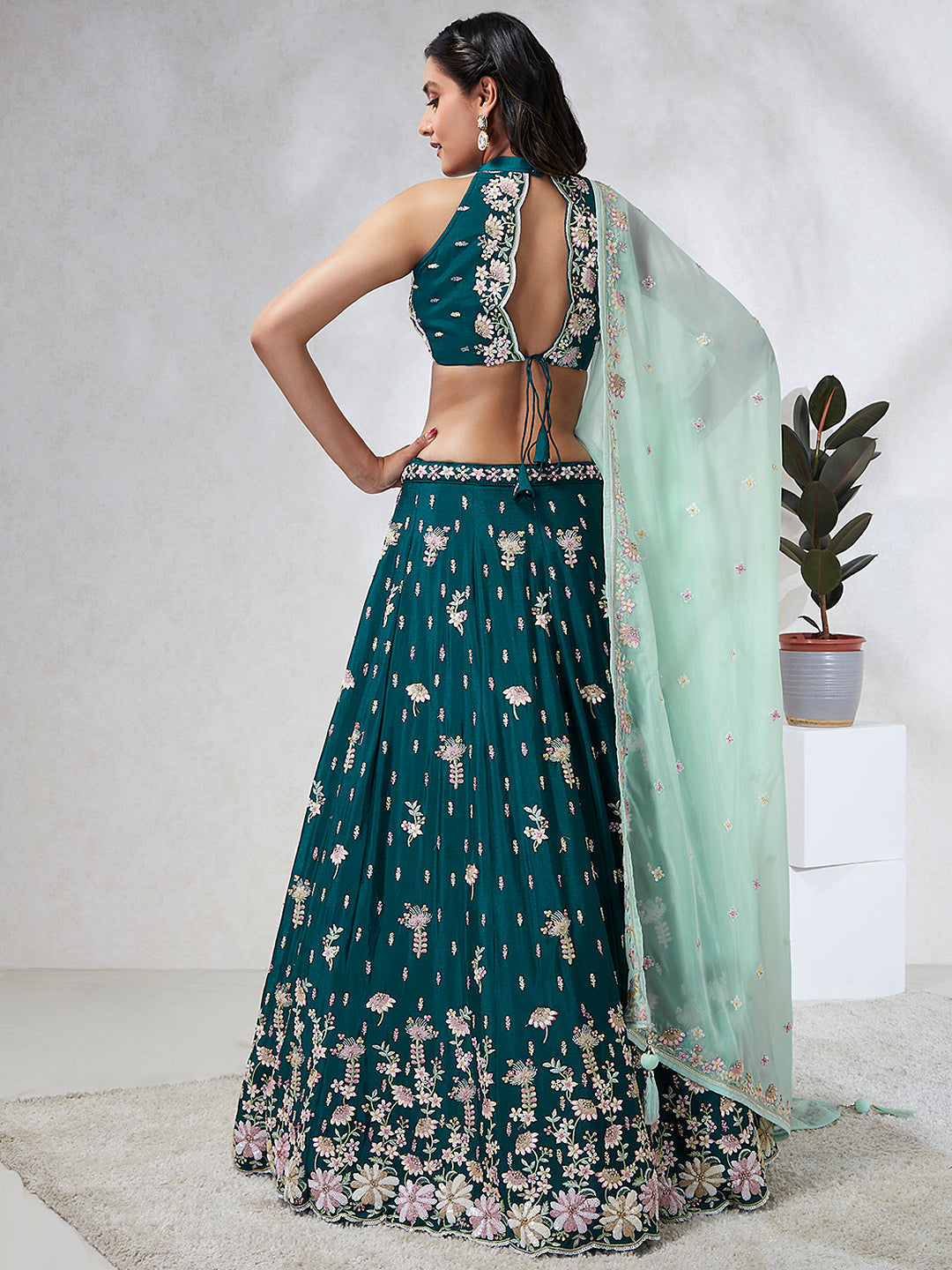 House of Panchhi Green Pure Georgette Sequins And Thread Embroidery Lehenga Choli & Dupatta | Swadesiicart