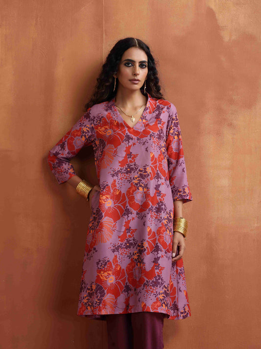 trueBrowns Purple Print Kurta Co-ord Set - Swadesiicart