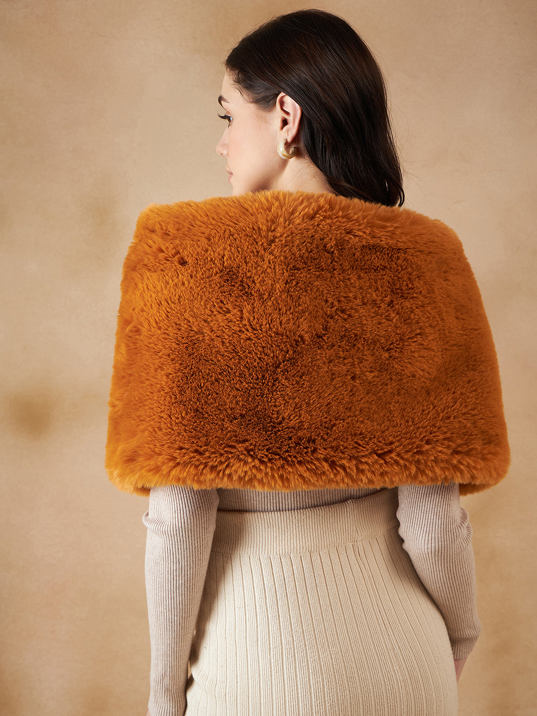 InWeave Women's Carrot Orange Long Faux Fur Cape - Swadesiicart