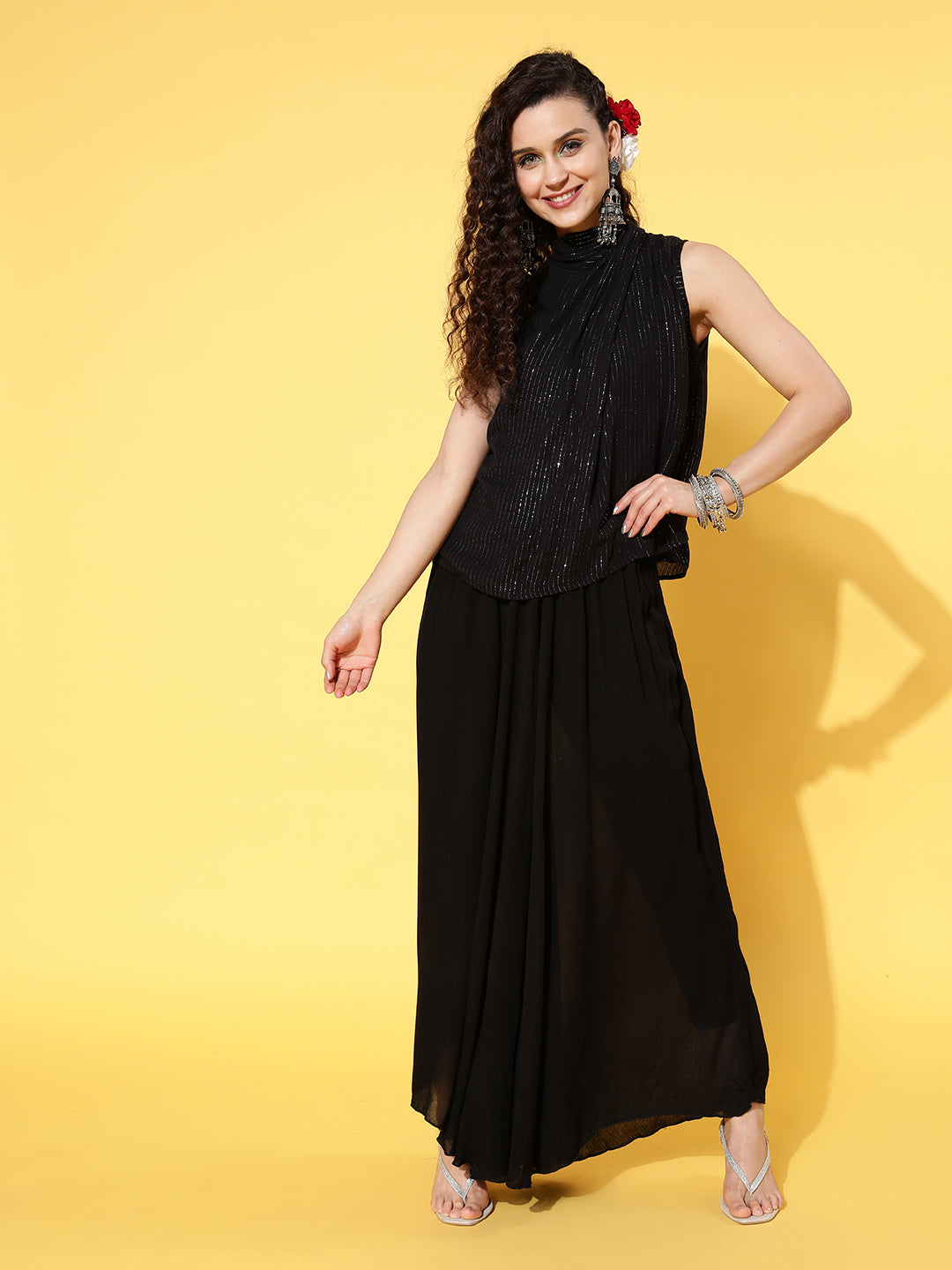 InWeave Women's Black Lurex Top With Flared Pallazo - Swadesiicart