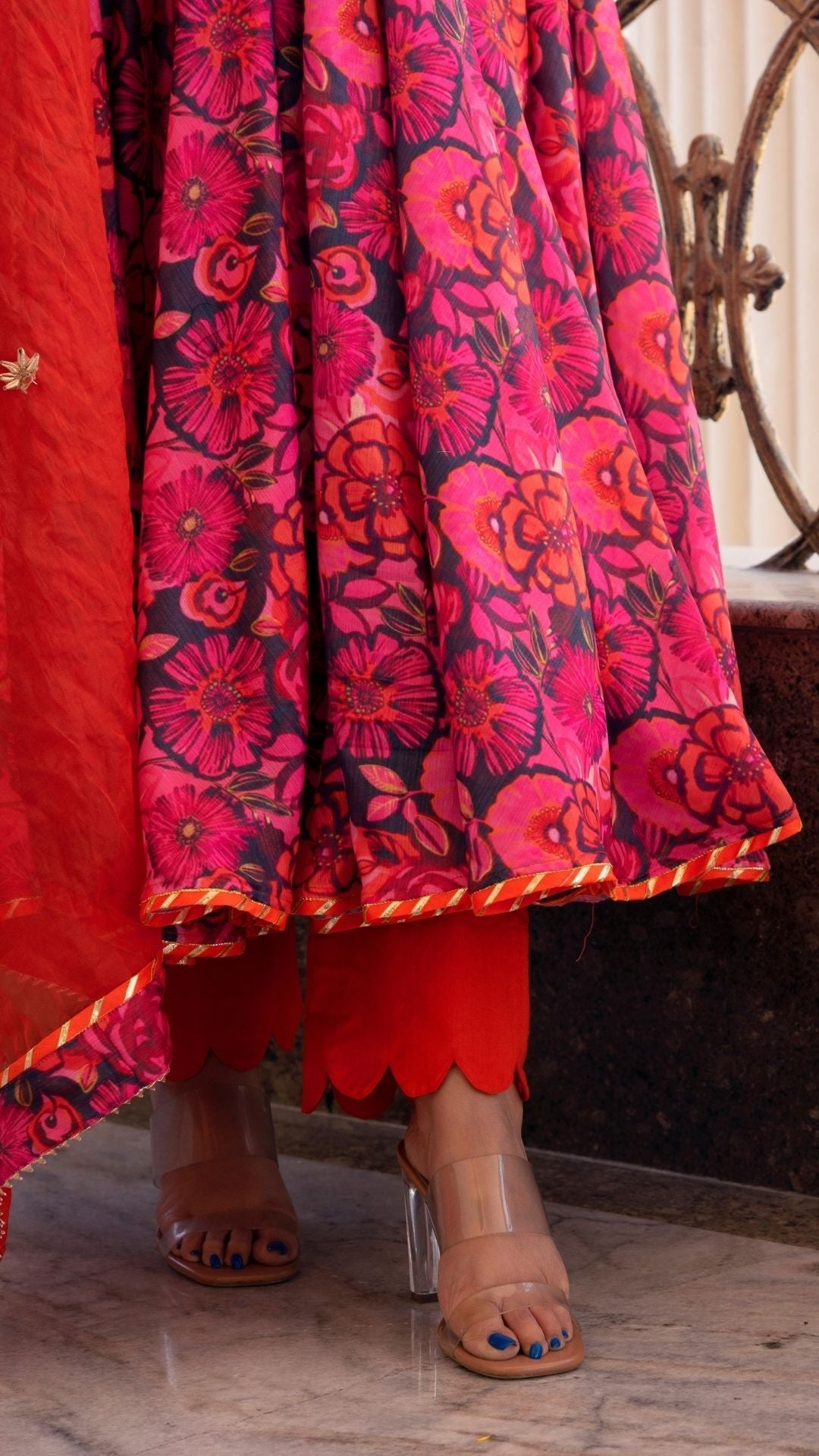 Pomcha Jaipur Tara Orange Printed Anarkali Set | Swadesiicart