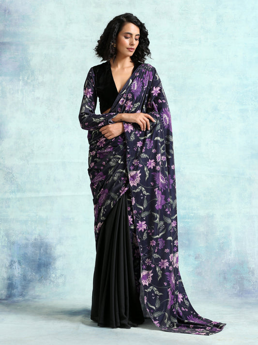 trueBrowns Black Printed Velvet Ready to Wear Saree | Swadesiicart