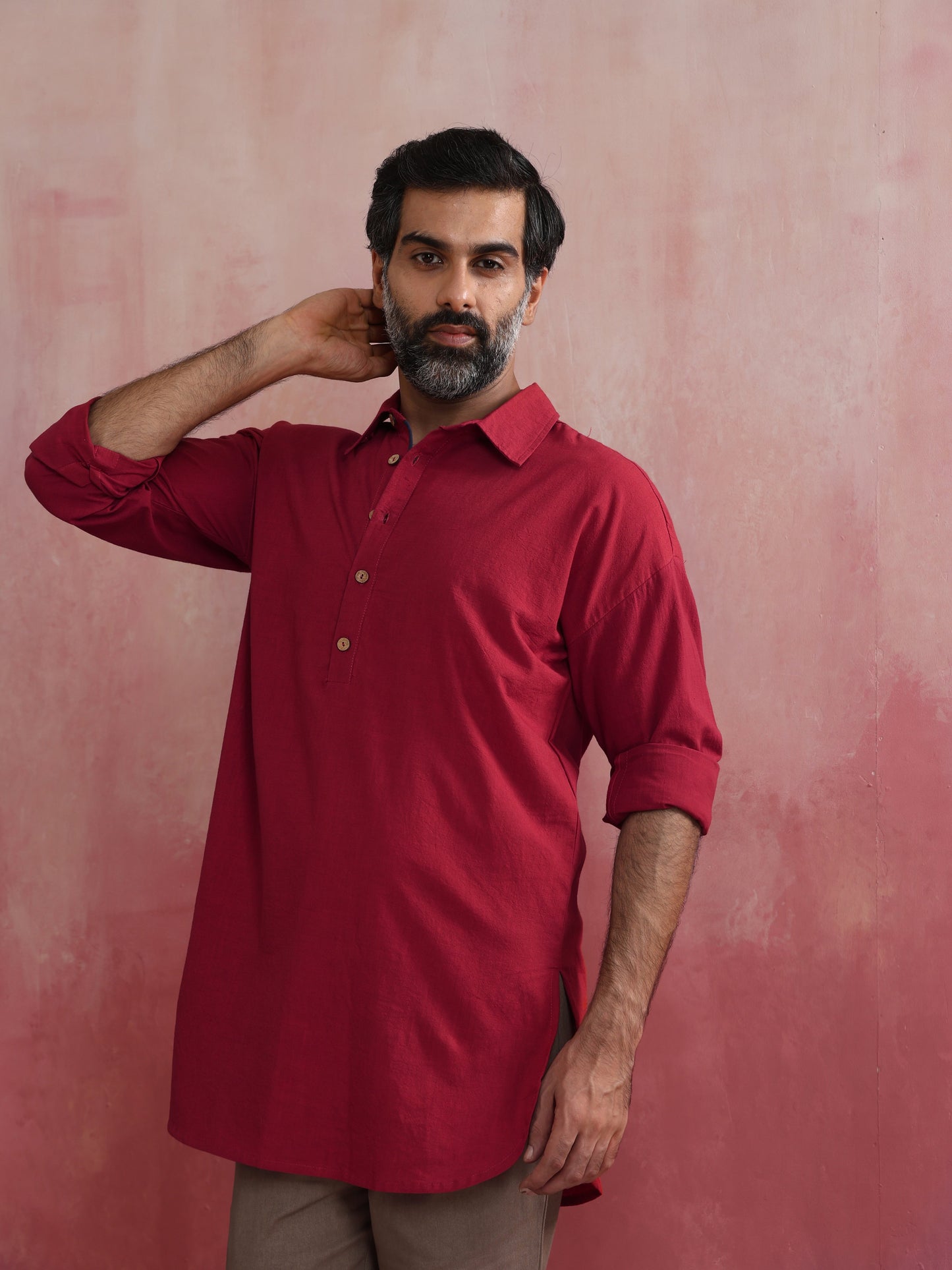 trueBrowns Men's Maroon Cotton Shirt Collar Stylized Kurta | Swadesiicart