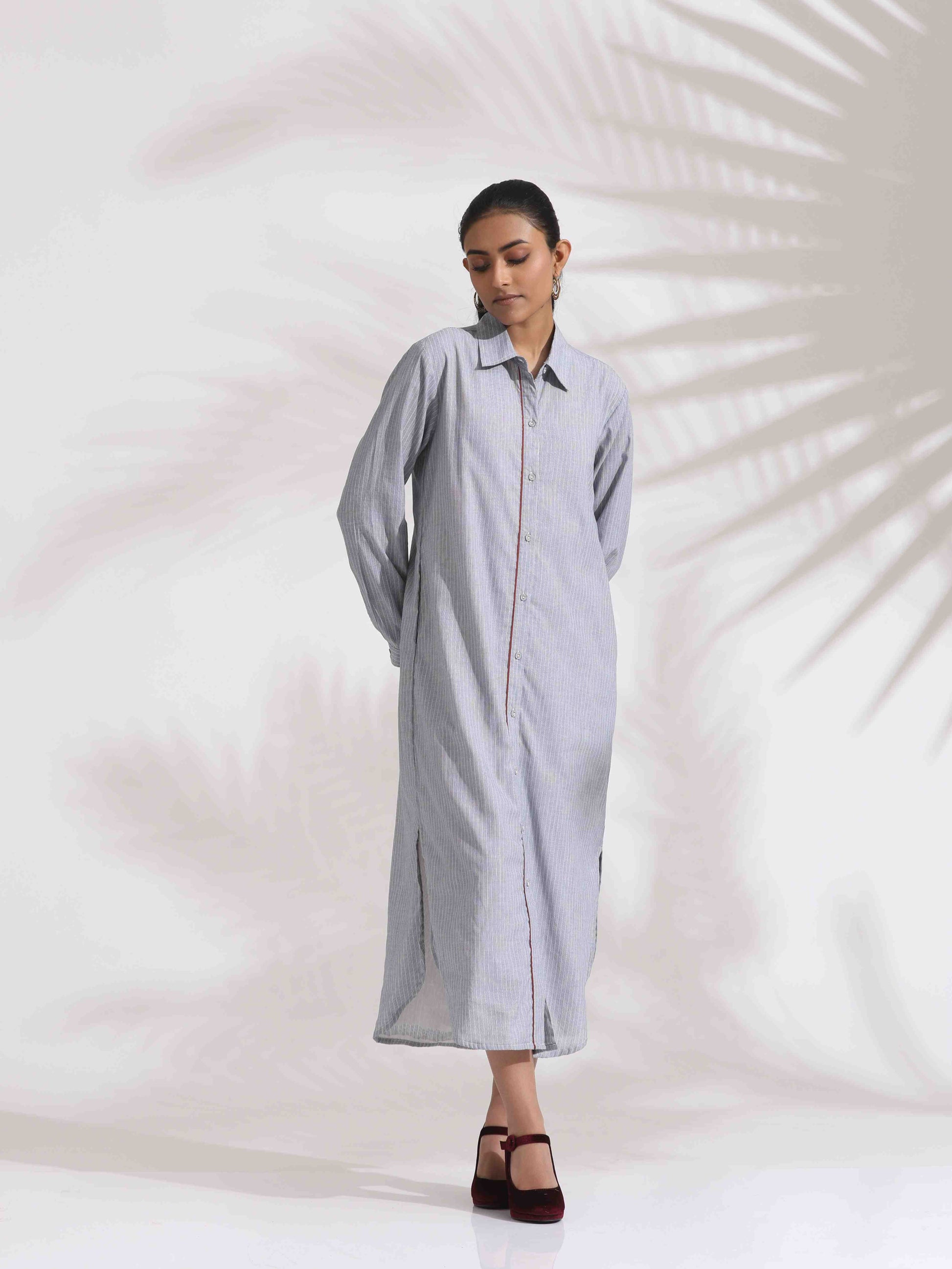 trueBrowns Grey Stripe Cotton Shirt Dress | Swadesiicart