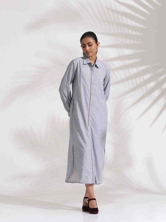 trueBrowns Grey Stripe Cotton Shirt Dress | Swadesiicart