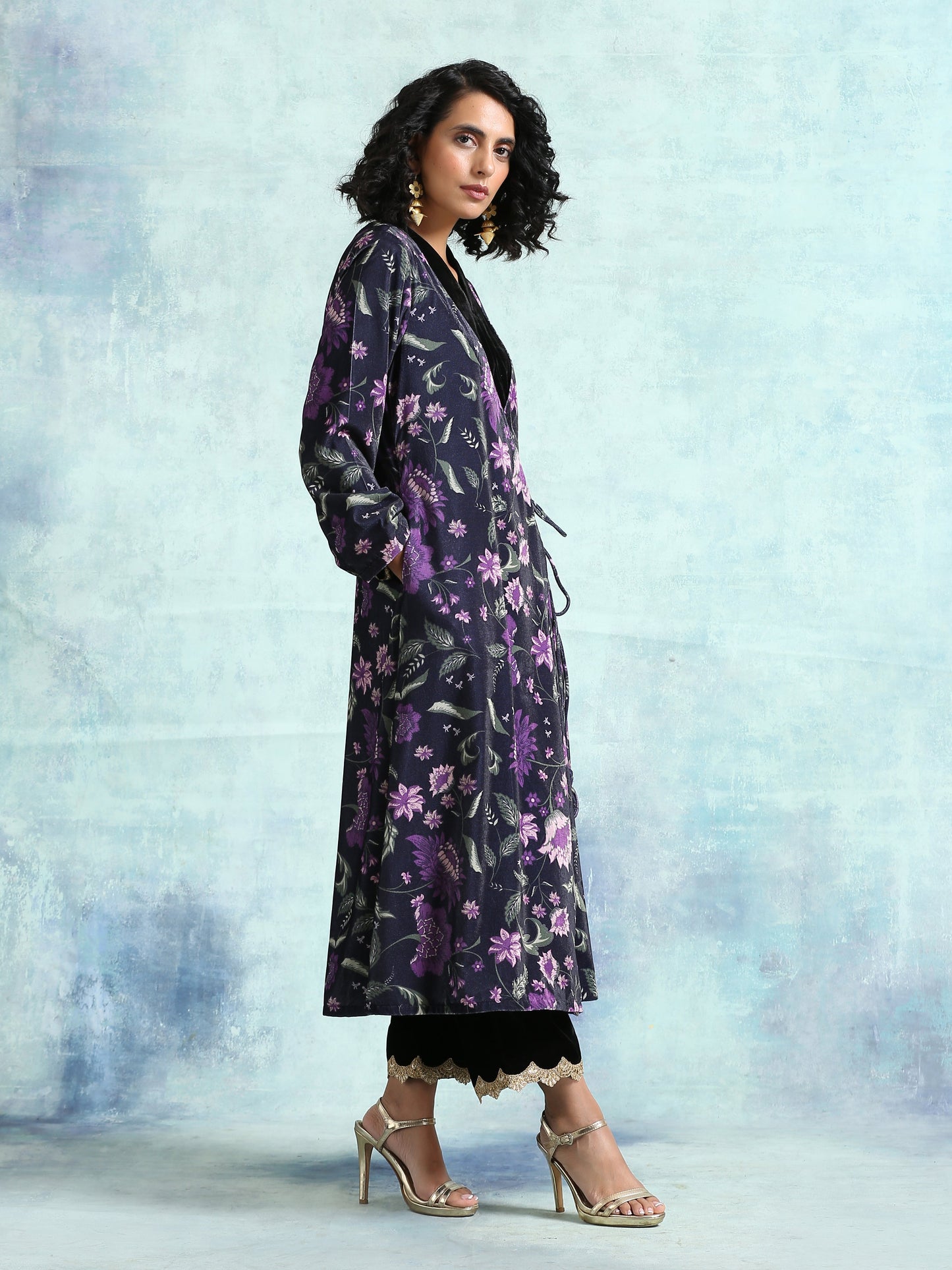 trueBrowns Black Printed Velvet Angrakha Jacket | Swadesiicart