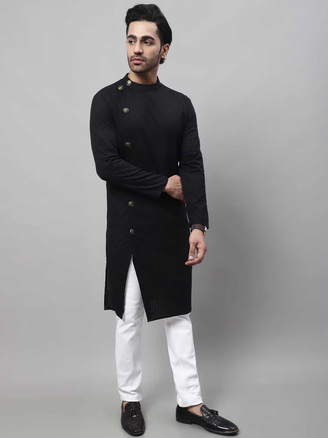 Even Apparels Black Sherwani Kurta With Asymetrical Cut | Swadesiicart