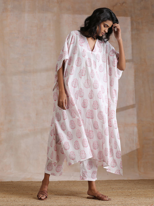 trueBrowns Pink Big Buta On White Print Cotton Panel Kaftan Kurta Pant Set | Swadesiicart