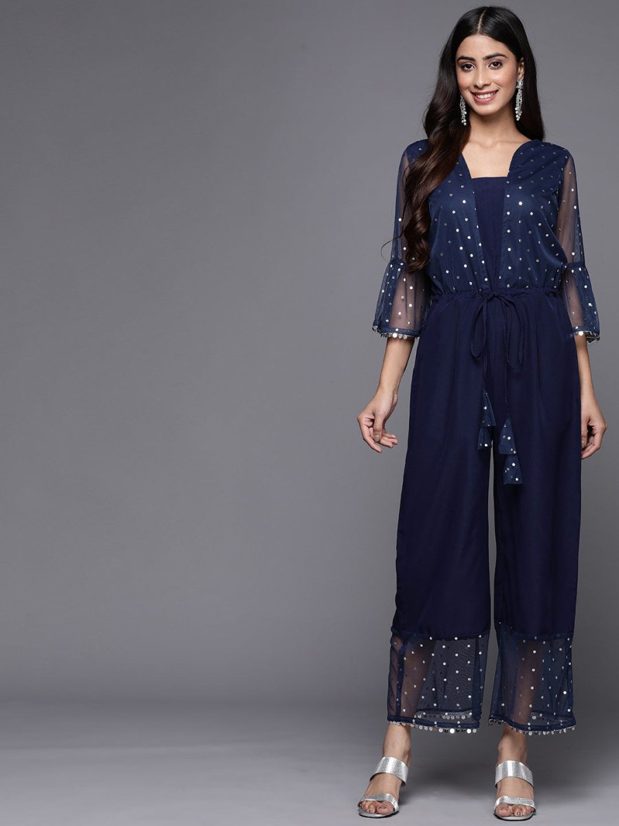 Ahalyaa Printed Bell Sleeves Crepe Basic Jumpsuit With Waist Tie-Ups | Swadesiicart