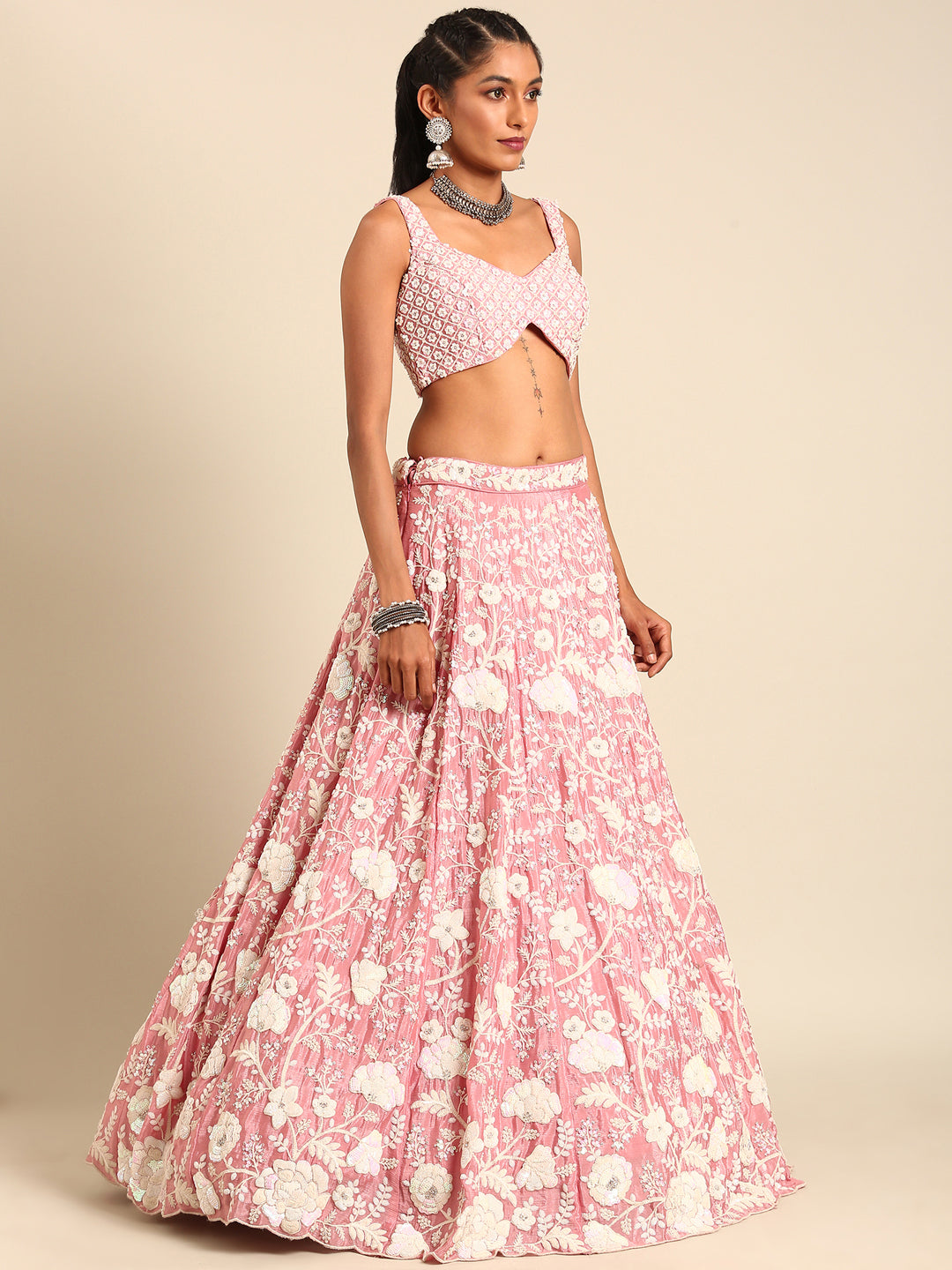 House of Panchhi Rose Gold Chinon Sequins And Zarkan Embroidery Lehenga Choli & Dupatta | Swadesiicart