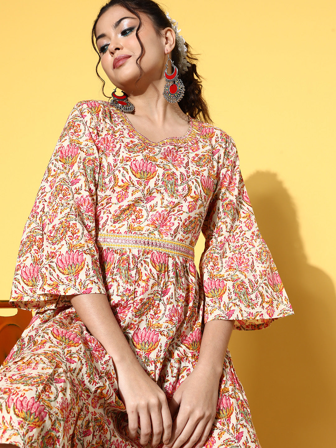 InWeave Women's Pink Boota Print Belted Dress - Swadesiicart
