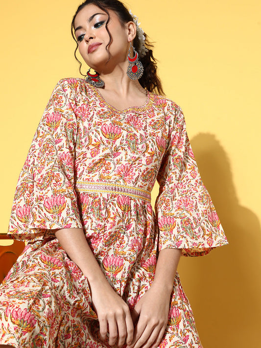 InWeave Women's Pink Boota Print Belted Dress - Swadesiicart