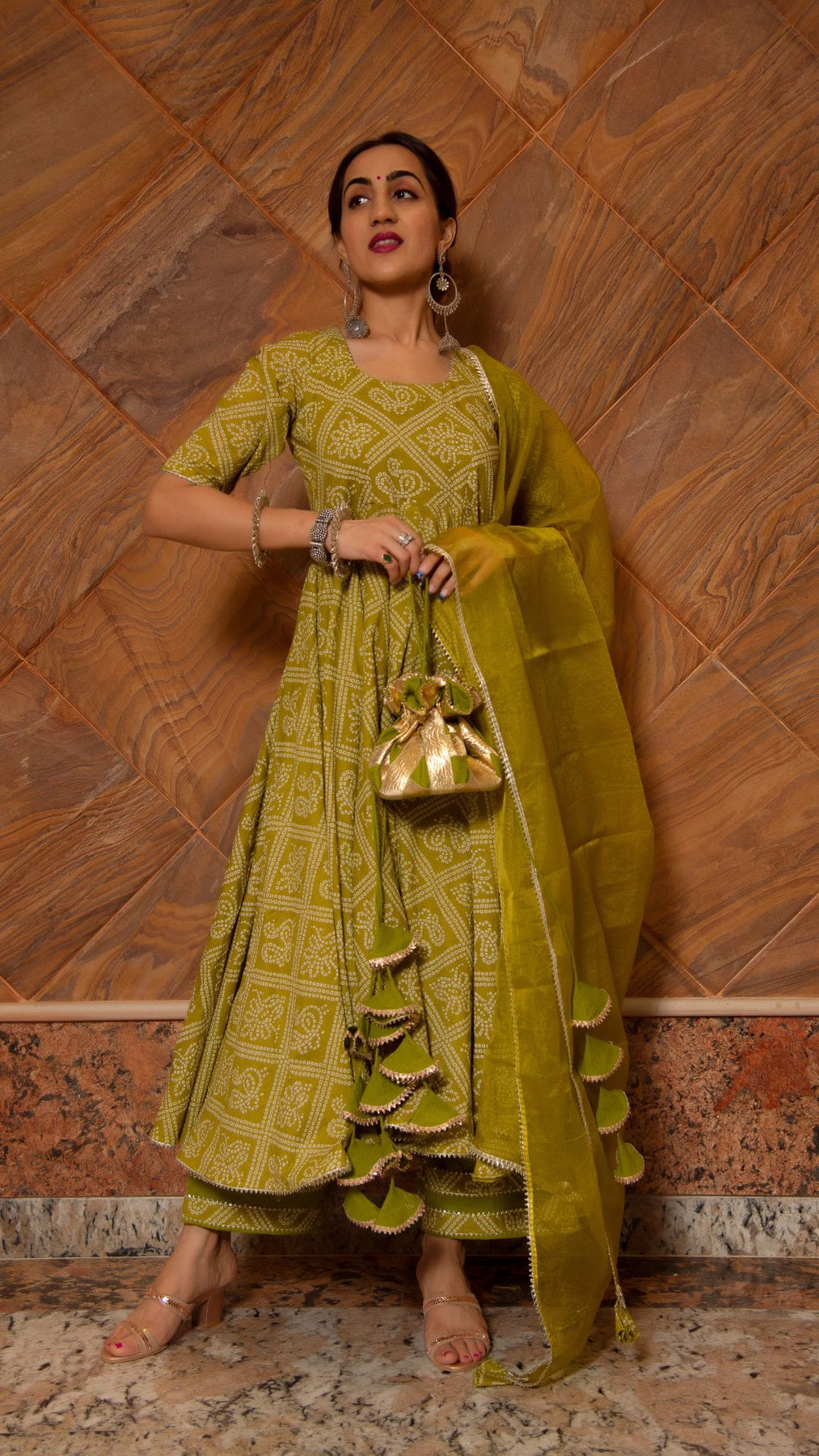 Pomcha Jaipur Bandhej Mehndhi Green Cotton Anarkali Set | Swadesiicart