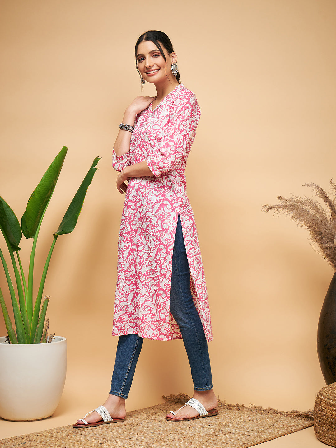 InWeave Women's Pink Foil White Print Angrakha Stright Kurta - Swadesiicart